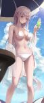  1girl absurdres bangs bare_shoulders beach_umbrella bikini blue_sky blunt_bangs braid breasts collarbone commentary_request crown_braid cup day drinking_glass emilia_(re:zero) feet_out_of_frame grey_hair hand_up highres holding holding_cup large_breasts long_hair long_sleeves looking_at_viewer navel off_shoulder parted_lips purple_eyes re:zero_kara_hajimeru_isekai_seikatsu shirt sky solo standing stomach swimsuit thighs umbrella very_long_hair whipped_cream white_bikini white_shirt yeorem 