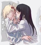  2girls black_hair blonde_hair blush closed_eyes covered_eyes full-face_blush hair_ribbon hand_over_another&#039;s_eyes inoue_takina karen_le_cao licking licking_ear lycoris_recoil multiple_girls nishikigi_chisato parted_lips red_ribbon ribbon teeth tongue yuri 