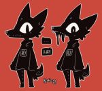  anthro big_eyes black_body bottomwear canid canine canis clothing footwear goo_creature hoodie kuroneko low_res male mammal melty nervious original_characters pants shoes simple_background solo teeth text topwear weirdcore wolf 