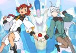  2girls bangs black_footwear black_hairband blue_eyes boots brown_pantyhose floating_hair green_jacket green_shorts grey_hair gundam gundam_aerial gundam_suisei_no_majo haimura_kiyotaka hair_between_eyes hairband jacket long_hair low_ponytail mecha miorine_rembran mobile_suit multiple_girls open_mouth pantyhose red_hair robot shorts sketch smile suletta_mercury tomato v-fin white_jacket white_shorts yellow_eyes 