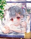  1girl animal bangs bath bathing bathtub brick_wall cat collarbone commentary_request day from_outside fujima_takuya grey_hair grin hair_ornament hair_scrunchie hairclip highres indoors isekai_ni_tobasaretara_papa_ni_nattandaga looking_at_viewer nude orurea_(isepapa) pink_scrunchie pointing pointing_at_viewer red_eyes scrunchie smile soap_bubbles soles solo sunlight twintails window 