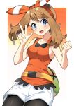  1girl :d absurdres bangs bare_arms bike_shorts bike_shorts_under_shorts blush bow_hairband breasts brown_hair clenched_hand collarbone commentary_request fanny_pack green_bag grey_eyes hairband hands_up highres may_(pokemon) open_mouth orange_hairband orange_shirt pokemon pokemon_(game) pokemon_oras shirt short_shorts shorts sleeveless sleeveless_shirt smile solo tongue w white_shorts yuihico 