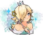  1girl bangs bare_shoulders blonde_hair blue_eyes closed_mouth collarbone cropped_shoulders crown earrings grey_background hair_over_one_eye holding holding_staff jewelry long_hair mario_(series) nachoz_(nachozart) nail_polish pink_nails rosalina shiny shiny_hair solo staff star_(symbol) star_earrings 