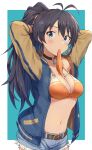  1girl absurdres adjusting_hair antenna_hair belt black_hair blue_background blue_eyes blue_jacket brown_belt denim denim_shorts ganaha_hibiki highres idolmaster idolmaster_(classic) jacket long_hair looking_at_viewer mouth_hold navel open_clothes open_jacket ponytail shorts shuucream_(syuichi) simple_background solo two-tone_background white_background 