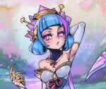  1girl arm_behind_head arm_up armpits bangs bare_shoulders blunt_bangs blush breasts cleavage collarbone detached_sleeves evelynn_(league_of_legends) green_hair grey_sleeves hair_ornament hand_up large_breasts league_of_legends multicolored_background parted_lips petals phantom_ix_row pink_eyes shiny shiny_hair solo spirit_blossom_evelynn teeth upper_body 