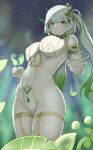  1girl :&lt; alternate_breast_size bare_shoulders blurry blurry_background blush breasts covered_navel covered_nipples cross-shaped_pupils floating_hair from_below genshin_impact green_eyes green_hair groin hair_ornament highres large_breasts leaf_hair_ornament leotard long_hair looking_at_viewer multicolored_hair nahida_(genshin_impact) pointy_ears side_ponytail skyhood solo thighlet thighs two-tone_hair v-shaped_eyebrows white_hair 