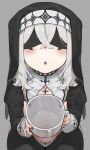  1girl black_nails blindfold blush collagen cross cross_necklace cup grey_background grey_hair habit hair_between_eyes highres holding holding_cup jewelry meme_attire necklace nun original reverse_bunnysuit reverse_outfit sidelocks thighhighs thong 