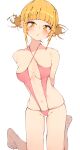  1girl :o absurdres arms_behind_back blonde_hair blush boku_no_hero_academia breasts collarbone double_bun hair_bun highres kneeling looking_at_viewer medium_breasts navel one-piece_swimsuit pink_one-piece_swimsuit rasusurasu short_hair simple_background solo swimsuit toga_himiko white_background yellow_eyes 