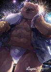  2022 anthro asian_clothing barazoku black_nose brown_body clothing detailed_background east_asian_clothing fireworks fundoshi happi_(clothing) hi_res humanoid_hands japanese_clothing kemono lagoon_bluebear male mammal night one_eye_closed outside scar solo underwear ursid white_clothing white_fundoshi white_underwear 