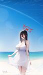  1girl absurdres arm_at_side beach black_hair blue_archive blue_sky breasts cleavage closed_mouth dated day dress hair_between_eyes halo hasumi_(blue_archive) highres horizon kimchi_(user_mpzz8457) large_breasts long_hair looking_at_viewer mole mole_under_eye ocean outdoors red_eyes signature skirt_hold sky smile solo straight_hair sundress thighs very_long_hair white_dress 