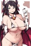  1girl animal_print bell bikini black_hair bottle commentary_request cow_print cowbell dragon_girl dragon_horns dragon_wings duel_monster grey_eyes horns house_dragonmaid kingbawoon korean_commentary licking_lips maid maid_headdress milk milk_bottle solo swimsuit tongue tongue_out wings yu-gi-oh! 