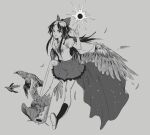  1girl arm_cannon asymmetrical_footwear bird bird_wings boots bow cape closed_mouth collared_shirt commentary feathered_wings feathers frilled_shirt_collar frilled_skirt frills frown full_body greyscale hair_bow hand_up highres long_hair looking_at_viewer momijigari monochrome puffy_short_sleeves puffy_sleeves reiuji_utsuho shirt short_sleeves sidelocks single_boot skirt solo starry_sky_print third_eye touhou two-sided_cape two-sided_fabric weapon wings 