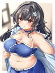  1girl bandeau belt black_hair blue_bandeau blush breasts cleavage collarbone hair_between_eyes hair_flaps hair_ornament jingei_(kancolle) kantai_collection kasashi_(kasasi008) large_breasts long_hair navel parted_lips race_queen red_eyes solo upper_body white_belt 