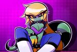  2019 3_fingers anthro blonde_hair bottomwear bracelet breasts claws cleavage clothed clothing collar eliza_(nelljoestar) female fingers green_body hair iguanid jacket jewelry lizard long_hair long_tail looking_at_viewer nelljoestar pants reptile scalie solo spiked_bracelet spiked_collar spikes topwear yellow_claws yellow_sclera 