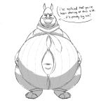  2021 anthro barefoot belly big_belly bottomwear clothed clothing dialogue dress_shirt ears_up facial_horn feet front_view hand_on_stomach horn looking_at_viewer male mammal mouth_closed narrowed_eyes navel necktie nose_horn obese obese_anthro obese_male overweight overweight_anthro overweight_male pants praceph rhinocerotoid shirt smile smiling_at_viewer solo speech_bubble standing text topwear 