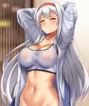  1girl ^_^ absurdres arms_behind_head arms_up bangs blush breasts cleavage closed_eyes commentary_request crop_top hairband highres indoors kantai_collection large_breasts long_hair long_sleeves midriff navel open_clothes open_shirt red_hairband shirt shoukaku_(kancolle) smile solo sports_bra stomach upper_body very_long_hair white_hair white_shirt zanntetu 
