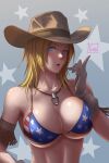  1girl american_flag_bikini artist_name bare_shoulders bikini bikini_top_only blonde_hair blue_eyes blush breasts brown_gloves cowboy_hat dead_or_alive dead_or_alive_5 flag_print gloves hat highres horseshoe_ornament jewelry large_breasts looking_at_viewer medium_hair neck necklace open_mouth parted_lips short_hair solo star_(symbol) starry_background swimsuit tina_armstrong tomo_eokaiteru upper_body white_gloves 