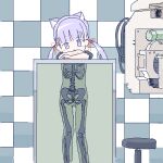  1girl animal_ear_fluff animal_ears bangs blunt_bangs checkered_background hair_ribbon low_twintails lowres oekaki original purple_eyes purple_hair ribbon rokuro-chan rokuro_no_mawashimono skeleton twintails x-ray 