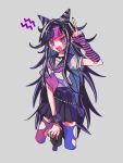  1girl :d bangs black_gloves black_hair black_nails black_sailor_collar black_skirt blue_thighhighs blush cropped_legs danganronpa_(series) danganronpa_2:_goodbye_despair gloves grey_background hair_horns happy highres jewelry long_hair looking_at_viewer miniskirt mioda_ibuki multicolored_hair nail_polish neckerchief pink_eyes pink_gloves pink_hair pink_neckerchief pink_thighhighs pleated_skirt ring sailor_collar school_uniform shirt shirt_tucked_in short_sleeves simple_background skirt smile solo sparkle striped striped_gloves teeth thighhighs torn_thighhighs upper_teeth v white_hair white_shirt wrist_cuffs yuno_(ou35i) 