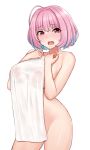  1girl blue_hair breasts highres idolmaster idolmaster_cinderella_girls large_breasts multicolored_hair nipples nude open_mouth pink_eyes pink_hair see-through short_hair simple_background solo tomajiyama towel two-tone_hair white_background yumemi_riamu 