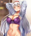  1girl ^_^ absurdres arms_behind_head arms_up bangs blush bra breasts cleavage closed_eyes commentary_request hairband highres indoors kantai_collection large_breasts long_hair long_sleeves navel open_clothes open_shirt purple_bra red_hairband shirt shoukaku_(kancolle) smile solo stomach underwear upper_body very_long_hair white_hair white_shirt zanntetu 