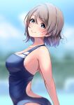  1girl absurdres amagi_(volfuji) arched_back blue_one-piece_swimsuit blurry brown_hair competition_swimsuit depth_of_field grey_hair highres looking_at_viewer love_live! love_live!_sunshine!! one-piece_swimsuit short_hair solo swimsuit upper_body watanabe_you 