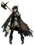  1girl ahoge arknights beret black_gloves black_headwear brown_hair cloak elbow_gloves expressionless feather_hair feathered_wings full_body gloves hair_between_eyes hat highres holding holding_polearm holding_weapon looking_at_viewer multicolored_hair plume_(arknights) polearm short_hair simple_background solo standing strap thighhighs truffletrefla two-tone_hair weapon white_background white_hair wings yellow_eyes 