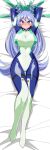  1girl absurdres arms_up bdsm blue_bodysuit blue_eyes blue_hair blush bodysuit boku_no_hero_academia bondage bound bound_arms breasts bright_pupils dakimakura_(medium) drill_hair glaring green_bodysuit hadou_nejire hair_horns highres large_breasts light_blue_hair long_hair looking_at_viewer scowl skin_tight solo superhero twin_drills very_long_hair warabimochii 