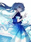  absurdres bangs blue_dress blue_eyes blue_hair blue_sky blush cloud cloudy_sky cursive dress feet_out_of_frame hair_ornament hairpin hatsune_miku highres kika long_hair looking_at_viewer print_dress project_sekai sailor_collar shards short_sleeves sky smile standing twintails v vocaloid white_background white_sailor_collar 