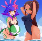  2girls :d armpits ayatori_(aytr) ball bangs beachball bikini black_bikini blue_one-piece_swimsuit blush breasts brown_hair cleavage closed_mouth cloud collarbone colored_skin day fang flower forehead_jewel green_eyes green_skin hair_flower hair_ornament highres holding holding_ball large_breasts league_of_legends leaning_forward long_hair medium_hair multiple_girls neeko_(league_of_legends) nidalee open_mouth outdoors pink_flower pink_hair purple_hair shiny shiny_hair slit_pupils smile swimsuit tail water yellow_eyes 