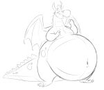  2021 anthro belly big_belly claws dragon fangs hair half-closed_eyes horn looking_at_viewer male monochrome narrowed_eyes navel nude obese obese_anthro obese_male overweight overweight_anthro overweight_male praceph scales scalie smile smiling_at_viewer solo standing toe_claws western_dragon wings 