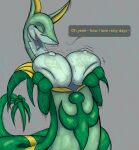  absurd_res big_breasts breasts eyes_closed female feral forked_tongue generation_5_pokemon hi_res huge_breasts justwhite nature_(just_white) nintendo nipples pokemon pokemon_(species) raining reptile scalie serperior smile snake solo tongue video_games wet 