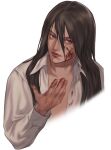  1boy bangs blood blood_on_face blood_on_hands brown_hair cropped_torso danganronpa_(series) danganronpa_2:_goodbye_despair grey_shirt hair_between_eyes hand_up highres kamukura_izuru long_hair male_focus open_clothes open_shirt red_eyes rei_(tdn_ng) shiny shiny_hair shirt simple_background solo upper_body white_background 