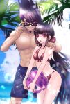  1boy 1girl :o adjusting_eyewear ball bangs bare_arms bare_shoulders beachball bikini breasts brown_hair cleavage cloud collarbone danganronpa_(series) danganronpa_s:_ultimate_summer_camp day grin hair_ornament hair_scrunchie hairclip hand_up harukawa_maki long_hair low_twintails male_swimwear medium_breasts mole mole_under_eye momota_kaito multicolored_male_swimwear official_alternate_costume outdoors pink_eyes purple_male_swimwear red_bikini red_scrunchie satori_(aosky9077) scrunchie shiny shiny_hair smile space_print spiked_hair starry_sky_print sunglasses swimsuit teeth twintails 