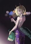  absurdres alcohol backless_dress backless_outfit blonde_hair chinese_commentary commentary_request cup dragon_horns dragon_tail dress drinking_glass floral_print highres holding holding_cup horns kaoshuzi kicchou_yachie looking_at_viewer otter_spirit_(touhou) purple_dress short_hair simple_background smile tail touhou wine wine_glass 