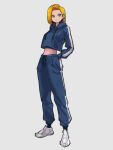  1girl alternate_costume android_18 blonde_hair blue_eyes blue_jacket closed_mouth dragon_ball dragon_ball_z full_body grey_background hands_in_pockets jacket kemachiku long_sleeves looking_at_viewer shoes short_hair simple_background sneakers solo standing track_jacket white_footwear 
