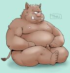  2022 anthro belly big_belly blue_background kemono male mammal moobs nipples overweight overweight_male simple_background sitting solo suid suina sus_(pig) toshi_(artist) wild_boar 
