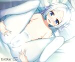 1girl :d ahoge aties20 bed_sheet blue_eyes blush breasts cameltoe commentary_request dutch_angle feet_out_of_frame forehead knees_up lying nipples no_panties no_pants nose_blush on_back original pantyhose pillow small_breasts smile solo topless underwear underwear_only white_hair white_pantyhose 