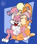  &lt;3 anthro babs_bunny bite bodily_fluids bow_(disambiguation) breasts clitoris duo ear_bite female female/female fingering fingering_partner fondling fur genital_fluids genitals head_between_breasts hi_res lagomorph leporid lola_bunny looney_tunes mammal on_lap orange_body orange_fur pink_body pink_fur pussy rabbit ribbons sex sitting_on_lap size_difference spread_legs spread_pussy spreading sweat tiny_toon_adventures vaginal vaginal_fingering warner_brothers xoti_(artist) 