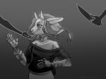  5_fingers admiralobster ambiguous_gender anthro bovid caprine clothed clothing disembodied_hand eyelashes female female_focus fingers goat greyscale group hair holding_knife holding_object horizontal_pupils horn knife mammal monochrome pupils signature simple_background solo_focus standing topwear trio 