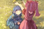  2girls aged_down blue_hair blush braid capelet dress field fire_emblem fire_emblem:_three_houses grass green_little head_wreath hilda_valentine_goneril marianne_von_edmund multiple_girls pink_hair twintails yellow_eyes 