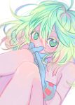  1girl ahoge ankrnbs blonde_hair boku_no_hero_academia breasts close-up covering covering_mouth gloves green_eyes green_hair hagakure_tooru highres knees_up looking_at_viewer medium_breasts medium_hair multicolored_hair nude simple_background solo two-tone_hair unusually_visible upper_body white_background 