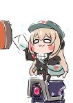  1girl :3 arm_up bangs black_jacket blonde_hair blush_stickers chibi chika_(keiin) commentary_request dinergate_(girls&#039;_frontline) girls&#039;_frontline gloves hair_between_eyes hat headgear highres holding holding_letter jacket letter long_hair long_sleeves looking_ahead m4_sopmod_ii_jr mailbag mailbox_(incoming_mail) multicolored_hair non-humanoid_robot red_hair robot simple_background smile streaked_hair trembling white_background 
