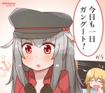  2girls black_gloves blonde_hair clenched_hands ganbaruzoi gangut_(kancolle) gloves grey_hair hammer_and_sickle hat iowa_(kancolle) kantai_collection mitchell_(dynxcb25) motion_lines multiple_girls peaked_cap red_eyes translation_request yawning 