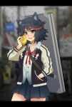  1girl animal_ears bangs black_hair black_jacket black_skirt blurry blurry_background buttons cat_ears cowboy_shot eating fang food fruit hand_up highres holding holding_food jacket kemonomimi_mode kiki_witch kill_la_kill lemon long_sleeves looking_at_viewer matoi_ryuuko neck_ribbon open_clothes open_jacket pleated_skirt red_hair red_ribbon ribbon saliva shirt short_hair skirt solo swept_bangs teeth upper_teeth white_jacket white_shirt 