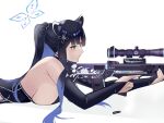  1girl animal_ear_fluff animal_ears bangs black_dress black_hair blue_archive breasts bridal_gauntlets china_dress chinese_clothes closed_mouth dress expressionless floral_print green_eyes gun halo highres holding holding_weapon huge_breasts long_hair looking_through_scope nana24 ponytail qbu-88 rifle shun_(blue_archive) sideboob sidelocks solo tiger_ears upper_body weapon white_background 
