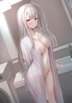  1girl bangs blush breasts closed_mouth dutch_angle highres indoors large_breasts long_hair long_sleeves looking_at_viewer navel open_clothes open_robe original panties red_eyes reinama robe sleeves_past_wrists solo standing stomach underwear white_hair white_panties 