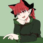  1girl :d animal_ears bow braid cat_ears dress extra_ears fang green_background green_dress kaenbyou_rin long_sleeves mizuga open_mouth pointy_ears red_eyes red_hair smile solo touhou twin_braids upper_body 