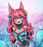  1girl :d ahri_(league_of_legends) animal_ears bangs bare_shoulders bell blush breasts cleavage commentary_request fox_ears fox_tail green_eyes green_ribbon grey_kimono hair_bell hair_ornament hair_ribbon happy japanese_clothes kimono large_breasts league_of_legends multiple_tails official_alternate_costume petals phantom_ix_row pink_hair ribbon shiny shiny_hair smile solo spirit_blossom_ahri tail teeth upper_teeth 