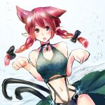  1girl :o adapted_costume animal_ears bell braid cat_ears cat_tail clenched_hand clenched_hands collar extra_ears fang glint kaenbyou_rin long_hair multiple_tails neck_bell open_mouth paw_pose pointy_ears red_eyes red_hair solo tail teruteru12 touhou twin_braids 
